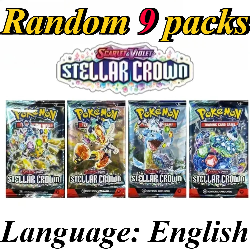 9 Pack Pokémon Trading Cards Set - English Booster Packs with Bright Stars, Prismatic Evolutions and Paldean Fates Gift Collection