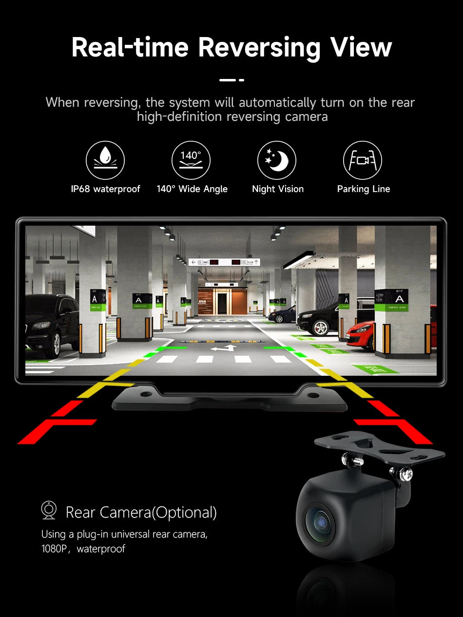 10.26'' 4K Car DVR Dashcam with CarPlay, Android Auto, Dual Lens Front 4K + Rear 1080P, Voice Control, GPS, BT, FM