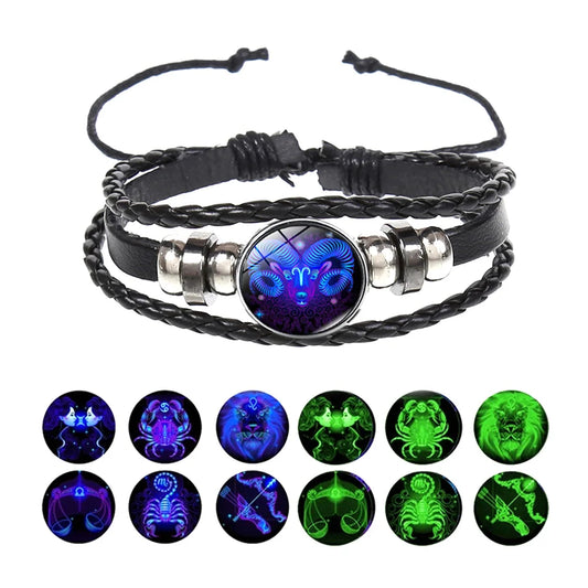 New Men's 12 Constellation Black Braided Leather Bracelet – Punk Style Zodiac Sign Multilayer Wrap Bracelet for Birthday Gifts