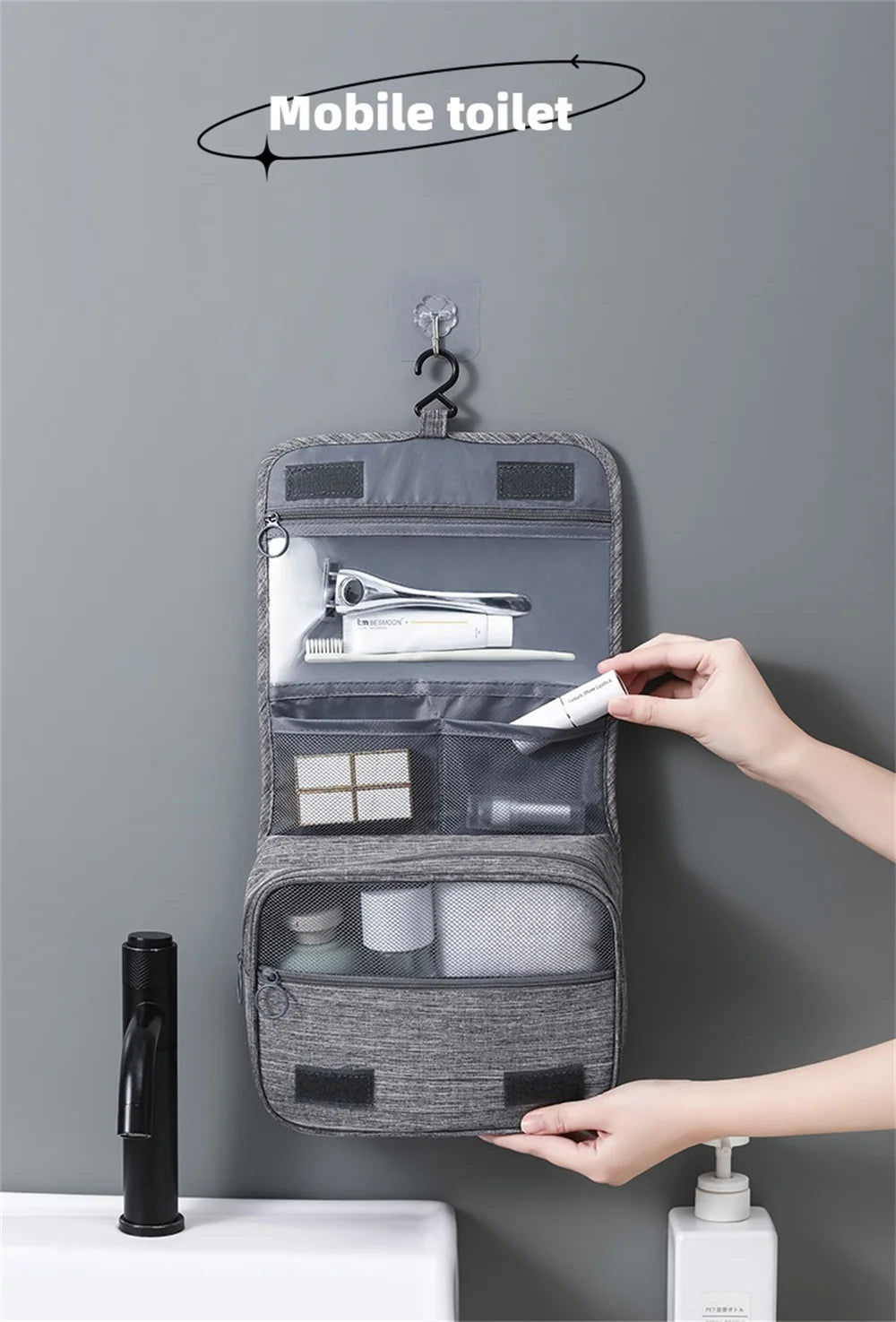Portable Toiletry Washbag with Hanging Hook | Waterproof Cosmetic Storage Bag for Travel, Men & Women