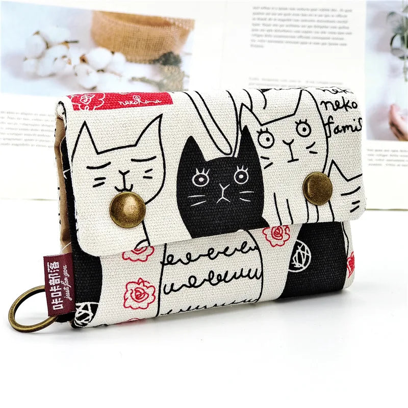 Women’s Canvas Cartoon Card Wallet – Foldable Key Organizer & Coin Purse, Small Pouch Money Bag for Girls 2024