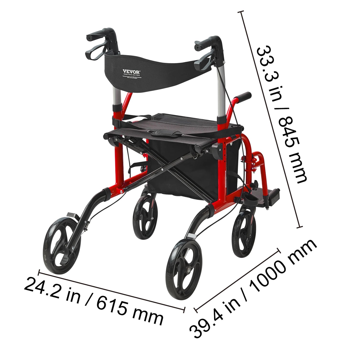 VEVOR 2-in-1 Rollator Walker & Transport Chair – Folding Aluminum Mobility Walker and Wheelchair Combo for Seniors