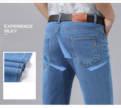 Men’s Casual Comfortable Jeans – Straight Loose Fit High Waist Elastic Trousers for All Seasons & Office Wear