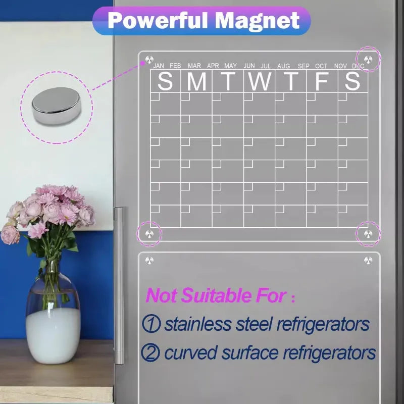 Reusable Magnetic Dry Erase Fridge Calendar Board - Transparent Acrylic Fridge Magnet Sticker Planner for Schedules, Messages, and Menus