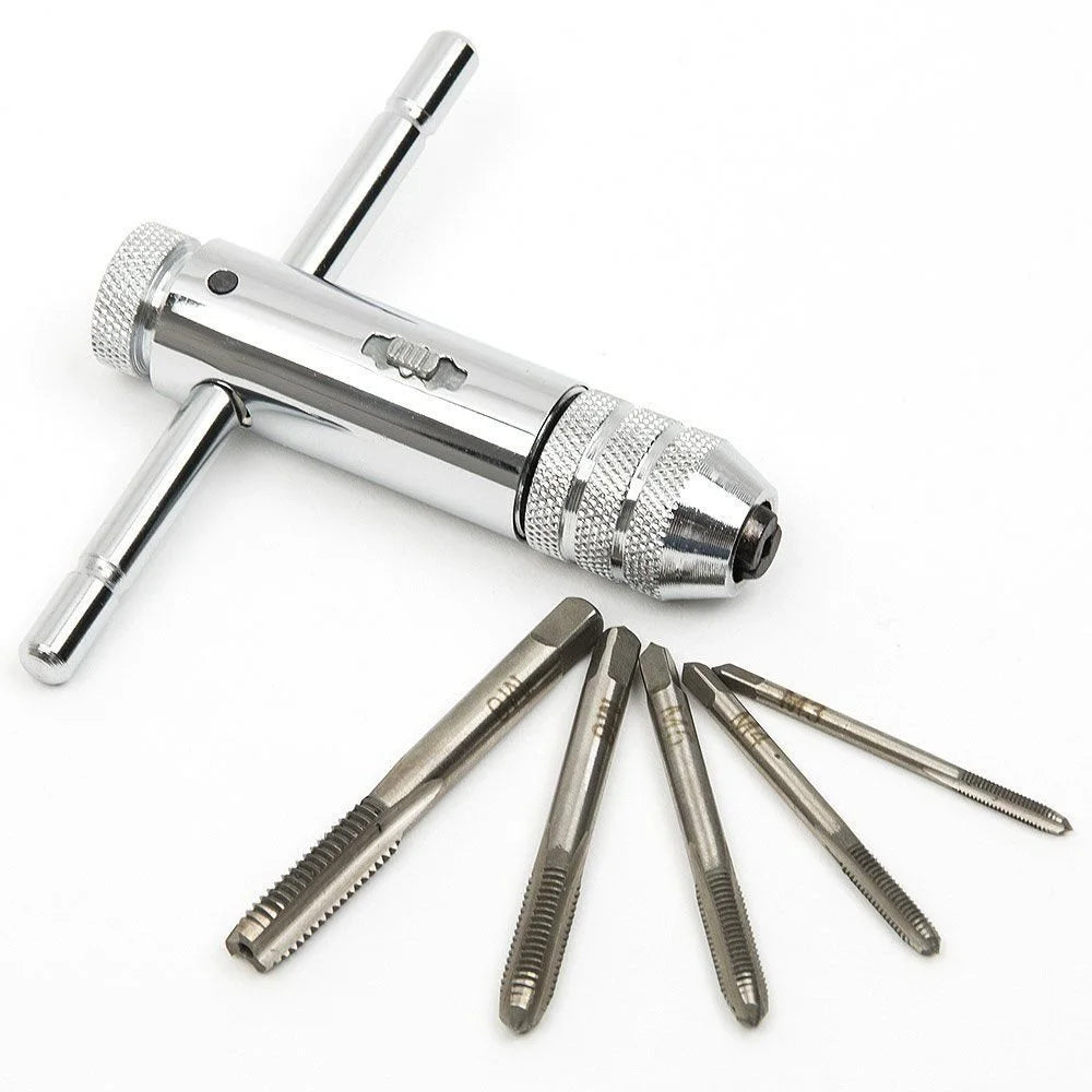 Adjustable Silver T-Handle Ratchet Tap Holder Wrench – 5pcs M3-M8 Machine Screw Thread Metric T-shaped Tap