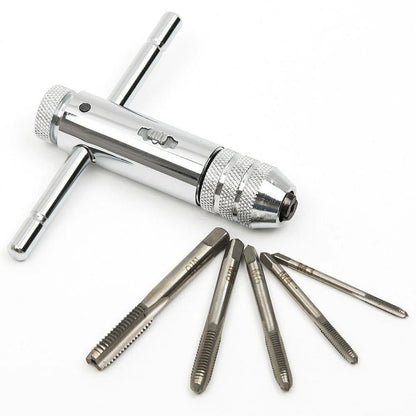 Adjustable Silver T-Handle Ratchet Tap Holder Wrench – 5pcs M3-M8 Machine Screw Thread Metric T-shaped Tap