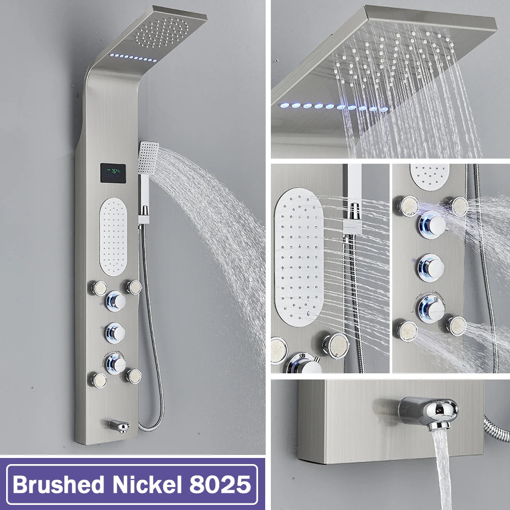 LED Waterfall Shower Panel System - Black In-Wall Rain Shower with Spa Massage Sprayer & Bidet Tap