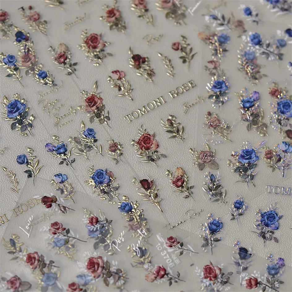Vintage Rose Flower Nail Stickers – Red & Blue Laser Gold/Silver Nail Art Decals for Manicure Design DIY Beauty Tool
