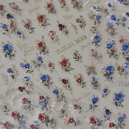 Vintage Rose Flower Nail Stickers – Red & Blue Laser Gold/Silver Nail Art Decals for Manicure Design DIY Beauty Tool