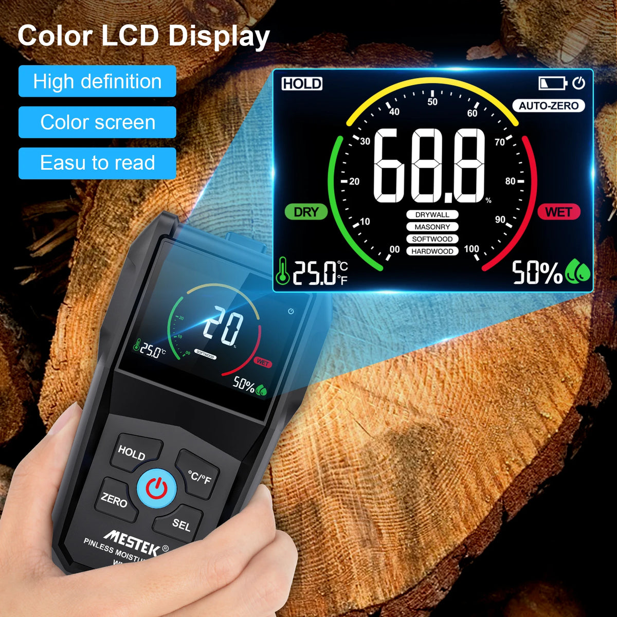 Non-Contact Wood Moisture Meter - Digital Electromagnetic Timber Humidity Tester with Color Screen