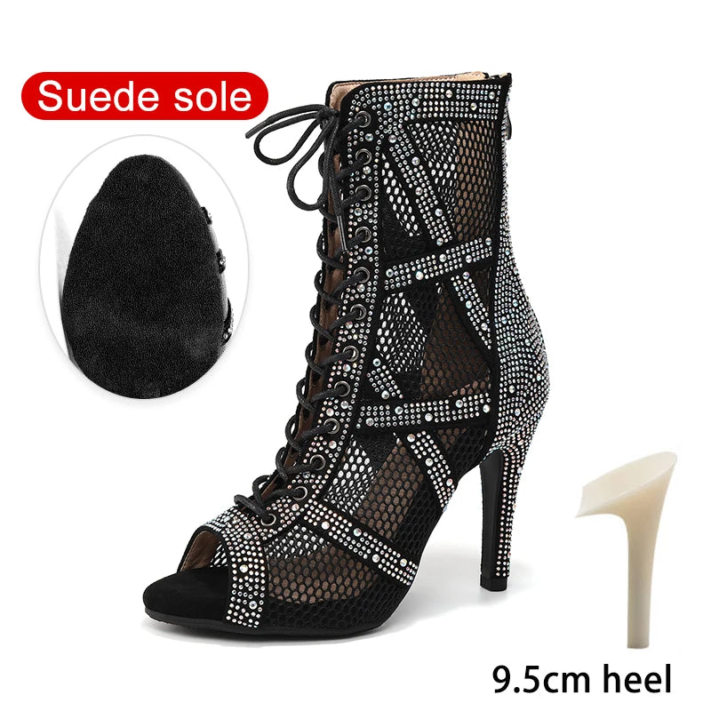 Women’s Rhinestone Latin Dance Boots - Shiny Jazz Dance Shoes with Slim High Heels