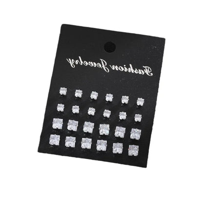 12 Pairs Square Zircon Earrings Set for Men & Women – Fashionable Simple Daily Wear Jewelry Collection, Elegant Gift Accessory Set