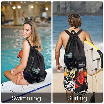 Swim Bag Mesh Drawstring Backpack - Multipurpose Lightweight Beach Bag with Wet Pocket for Swimming, Gym, and Workout Gear