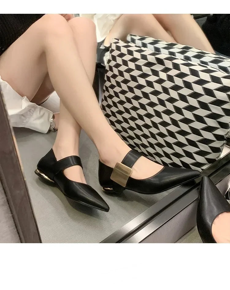 2023 Spring Women’s Suede High Thick Heel Pumps – Black & Apricot Square Toe with Metal Decoration, Elegant Lady Shoes
