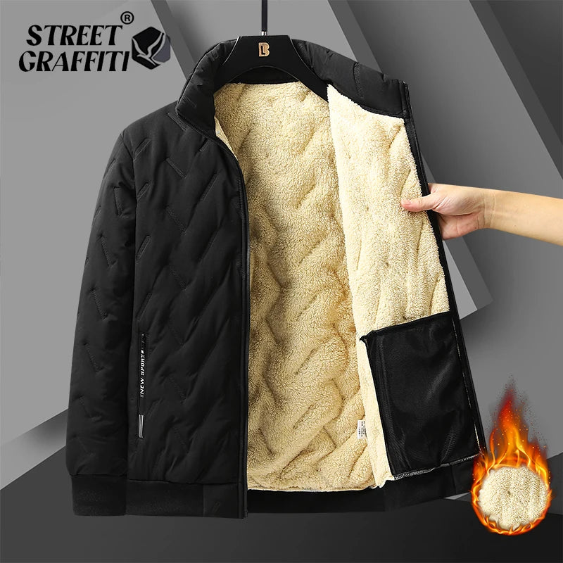 2025 Men’s Plus Size Winter Jacket – Wool-Look Stand Collar Cotton-Padded Windproof Outdoor Coat with Velvet
