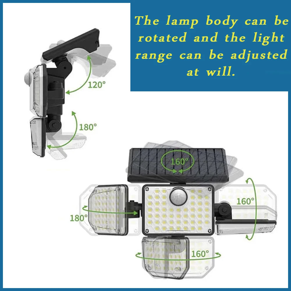 Outdoor 122 LED Solar Motion Sensor Flood Light, 4-Head 3000 Lumens Waterproof Security Lamp with 270° Wide Lighting Range