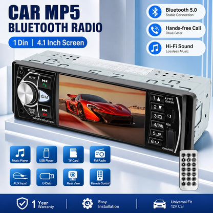 HIPPCRON 1DIN Car Stereo Radio 4.1 Inch MP5 Player - Bluetooth 5.0 FM USB Multimedia Player with Rear View & Steering Wheel Control