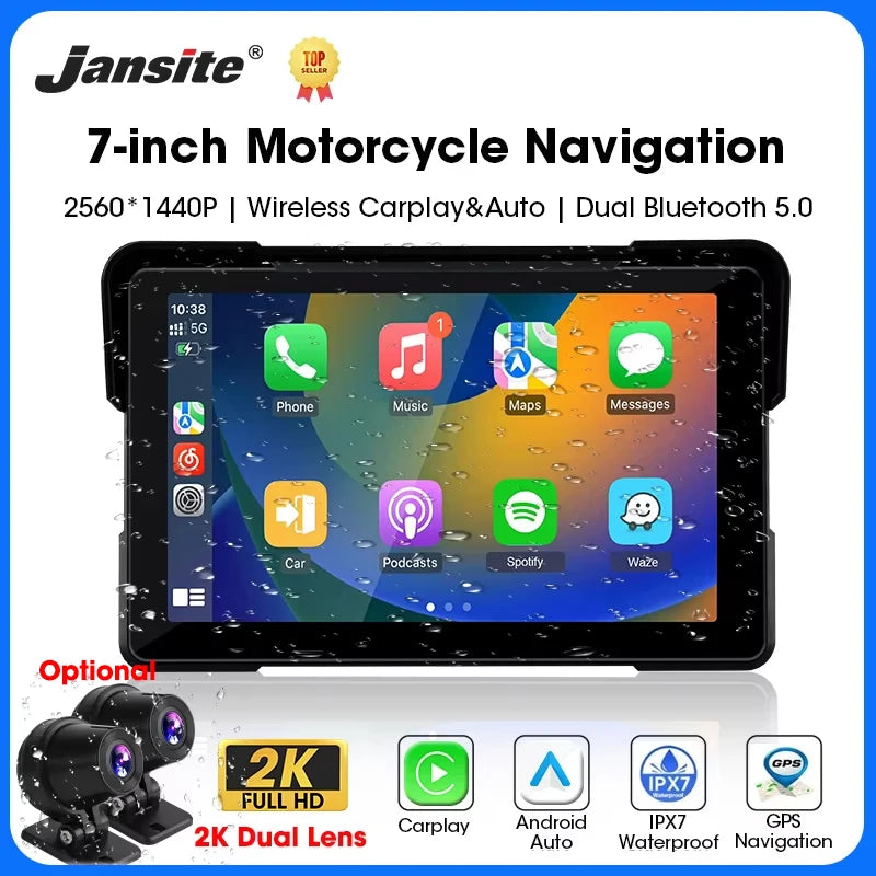 5/7 Inch Motorcycle CarPlay DVR Navigation GPS Monitor – Wireless Android Auto, Airplay, IPX7 Waterproof Portable Display