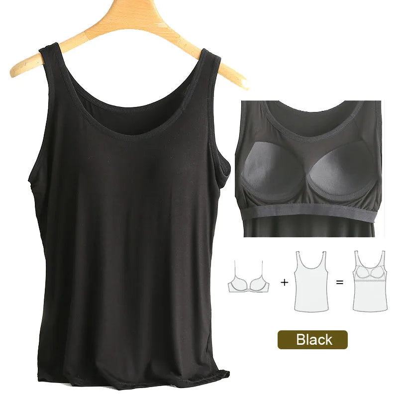 Women’s Modal Plus Size Tank Top - Soft Built-In Chest Pad Camisole with Comfortable Integrated Wear-Free Support