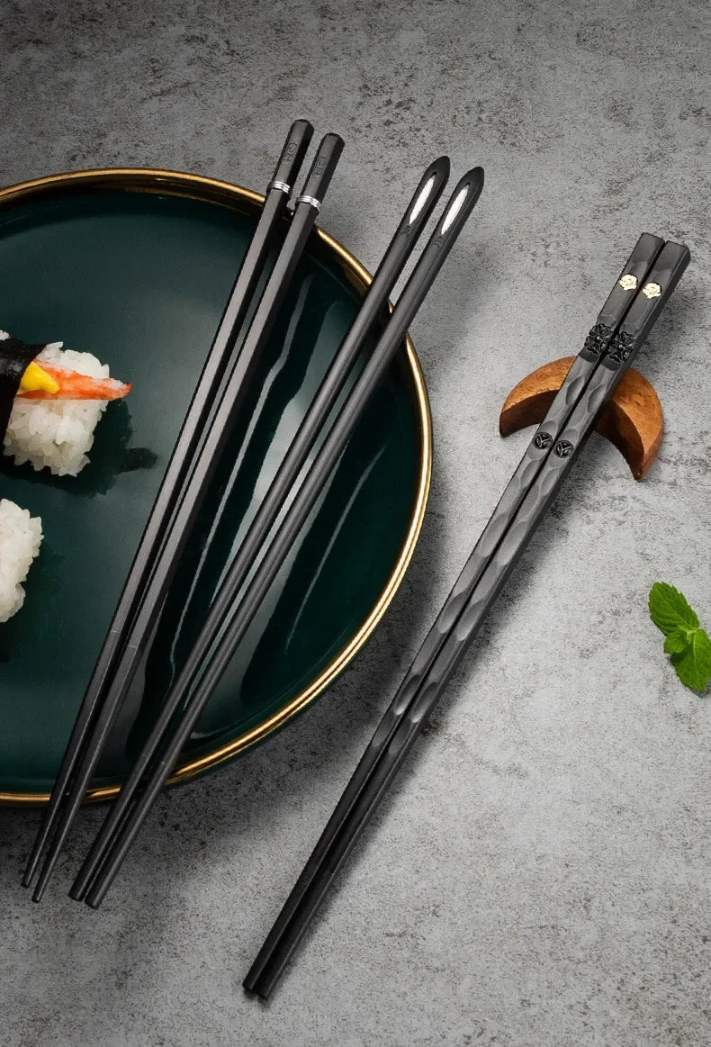 5 Pairs Japanese Reusable Chopsticks – Black Sushi Sticks for Food, Noodles, Alloy Chinese & Korean Kitchen Tableware