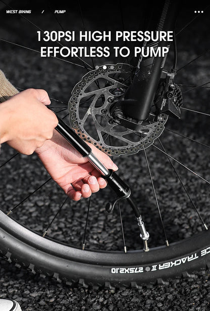 WEST BIKING 130PSI Mini Bike Pump – Portable Aluminum Alloy Hand Air Pump for MTB & Road Cycling, Drop-Proof & Ultralight