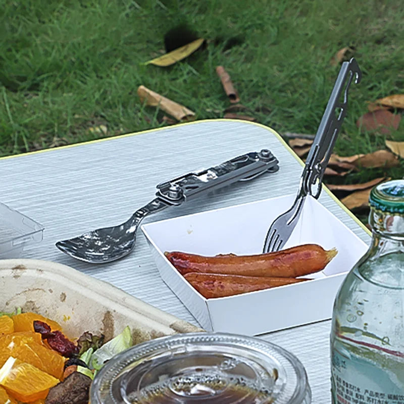 Multi-Function Outdoor Tableware: Portable Foldable Cutlery Set with Knife, Fork, Spoon, and Bottle Opener - Camping Equipment Essential