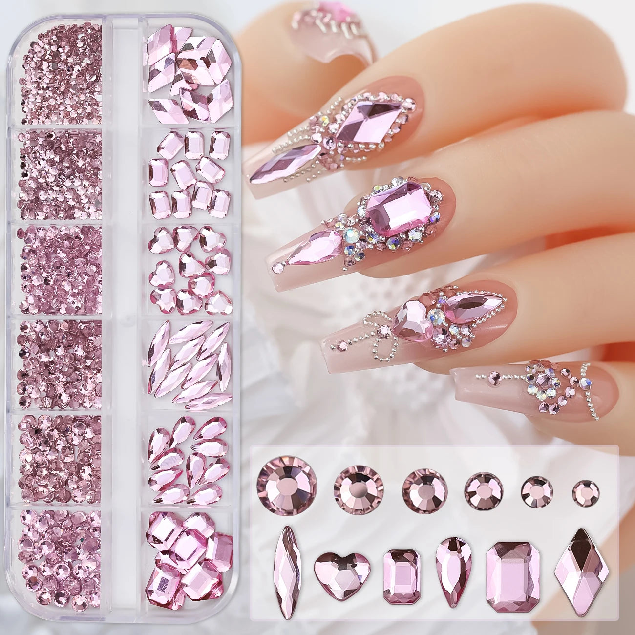 12-Grid Mixed Nail Rhinestones SS6-SS30 – Shiny Flat-Back Gems in Clear, Gold, Pink & Blue for Nail Art Decoration