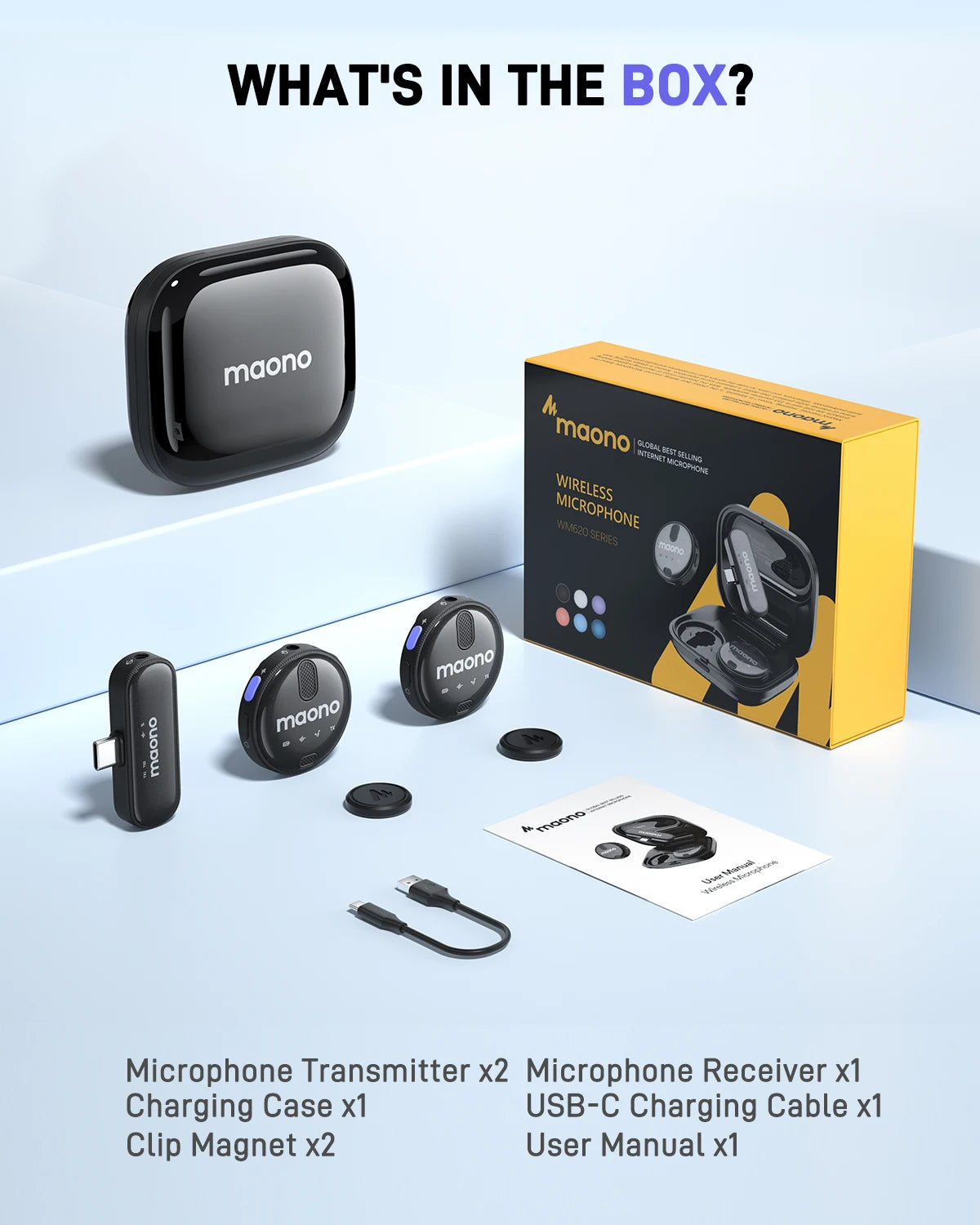 MAONO Wireless Lavalier Microphone with Noise Reduction - Lapel Mic for iPhone 15, Android, USB C - Perfect for TikTok, Streaming, Vlog - WM620 PC2