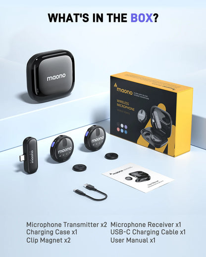 MAONO Wireless Lavalier Microphone with Noise Reduction - Lapel Mic for iPhone 15, Android, USB C - Perfect for TikTok, Streaming, Vlog - WM620 PC2