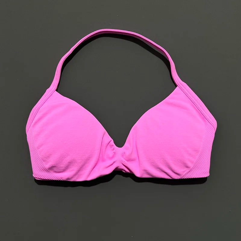 Histello Women’s Strappy Sports Bra - Seamless High-Support Yoga, Running and Workout Halter Top