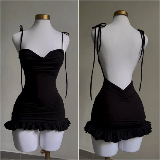 2024 European & American High-End Y2K Sexy Open Back Lace-Up Slim Fit Short Skirt - Spicy Girl Style