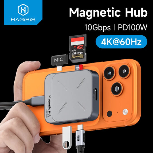 Hagibis Magnetic USB-C Hub – Type-C Multiport Docking Station with 4K HDMI & 100W PD for MacBook, iPhone 16/17 Pro & Thunderbolt 4