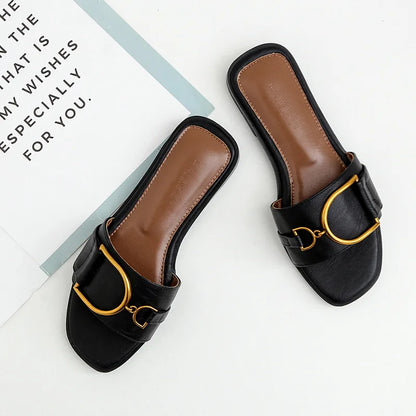 Women’s Flat Slippers — Summer Leather Square Toe Flats, Designer Slides & Luxury Sandals
