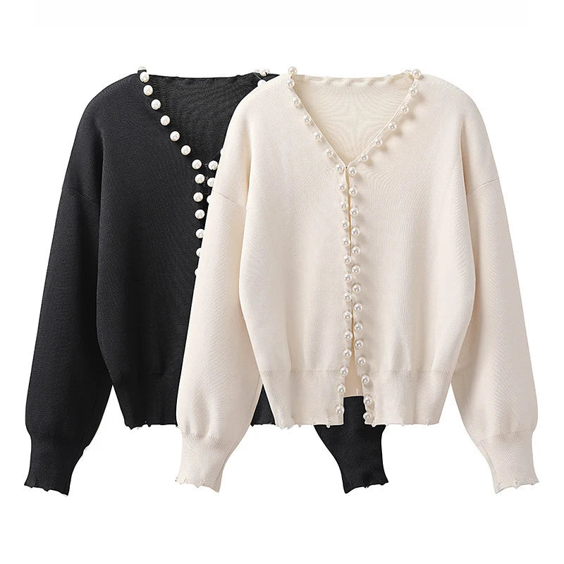 Women’s Casual Pearl-Embellished Cardigan – Elegant Long Sleeve Knit Sweater Coat