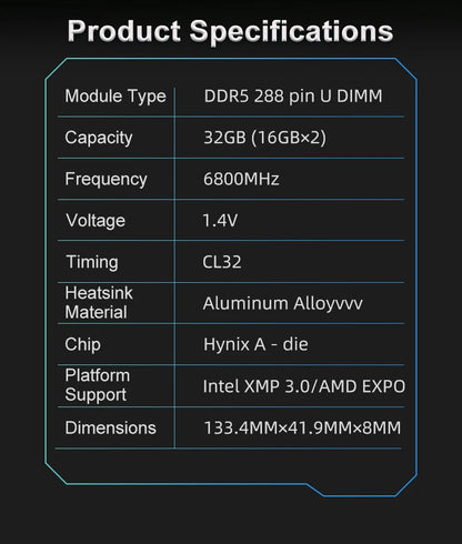 KingBank DDR5 RGB White Memory – 16GBx2/32GB 6800MHz Hynix A-Die UDIMM Dual Channel for Desktop PC