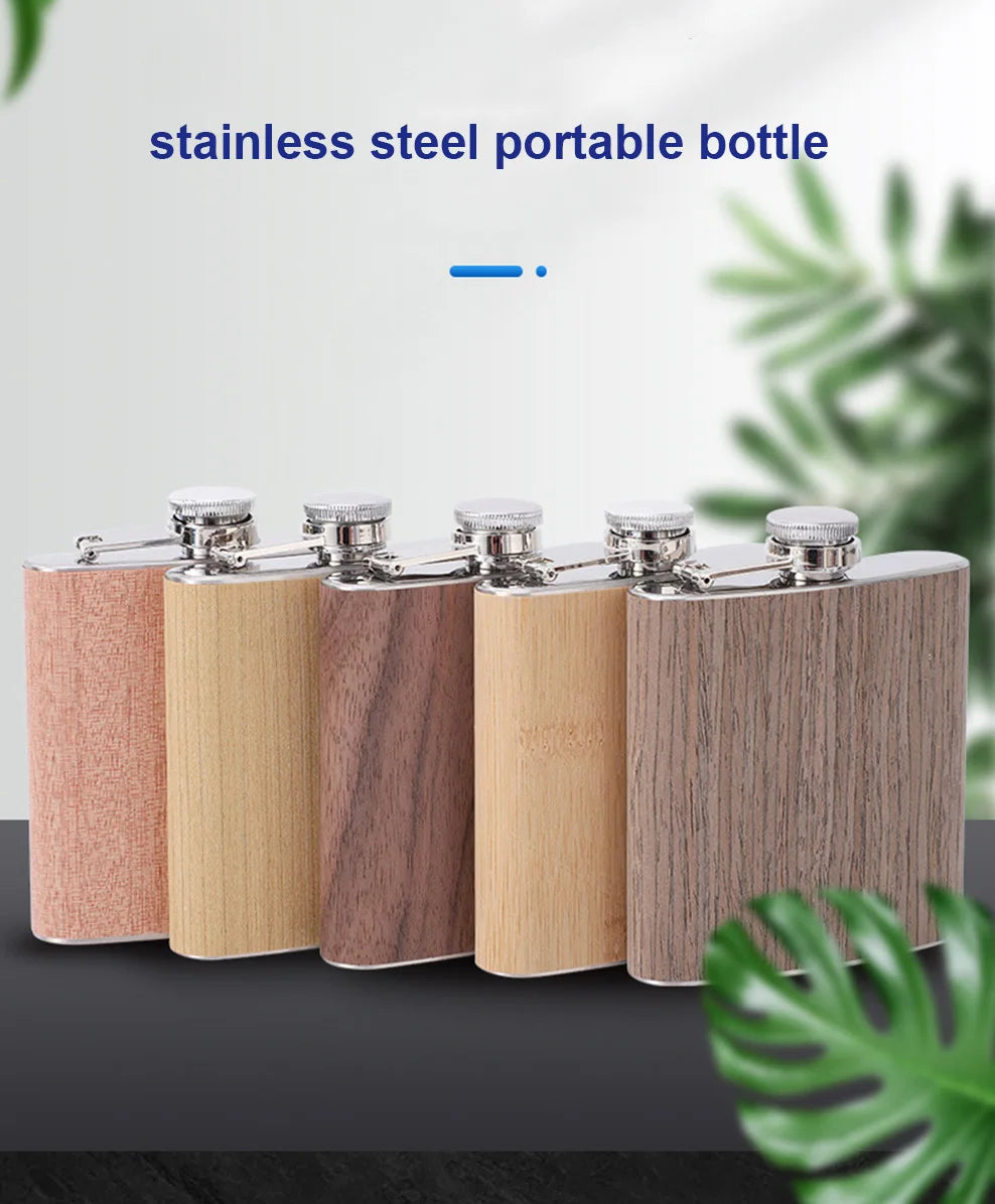 6oz Stainless Steel Hip Flask – Wood Grain Leather Wine Bottle, Portable Russian Flag Outdoor Flagon Gift for Men