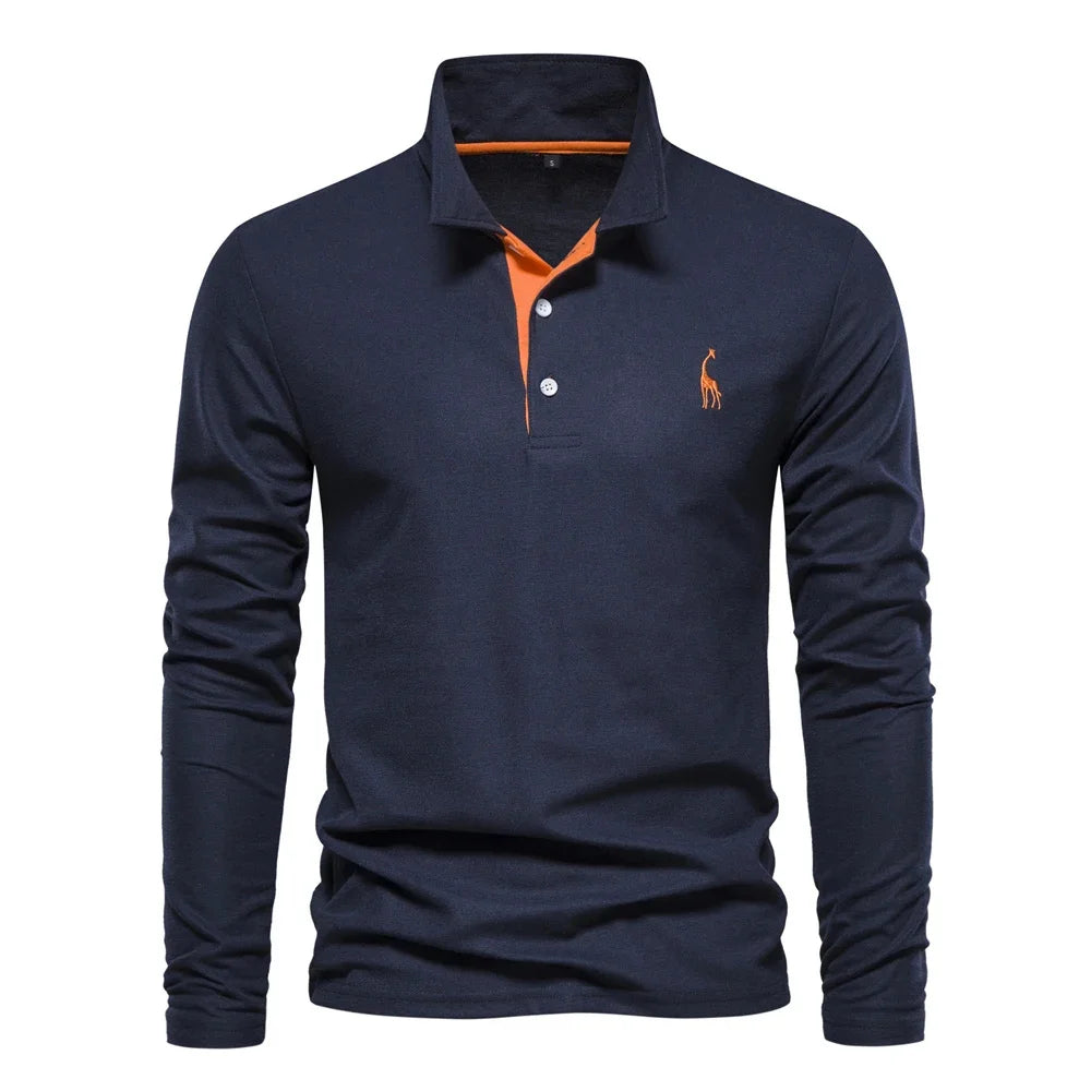 Men's Long Sleeve Embroidered Polo Shirt - Business Casual Solid Color Deer Design