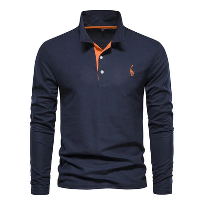 Men's Long Sleeve Embroidered Polo Shirt - Business Casual Solid Color Deer Design