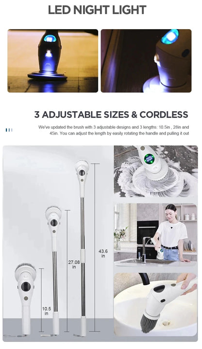 8 in 1 Multifunctional Electric Cleaning Brush – Rotatable LED Night Light Bathroom & Kitchen Household Scrubber