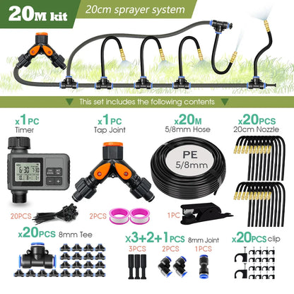 Garden Programmable Misting Timer System – 360° Adjustable Atomizer Nozzles, Outdoor Cooling & Watering Sprinkler Kit