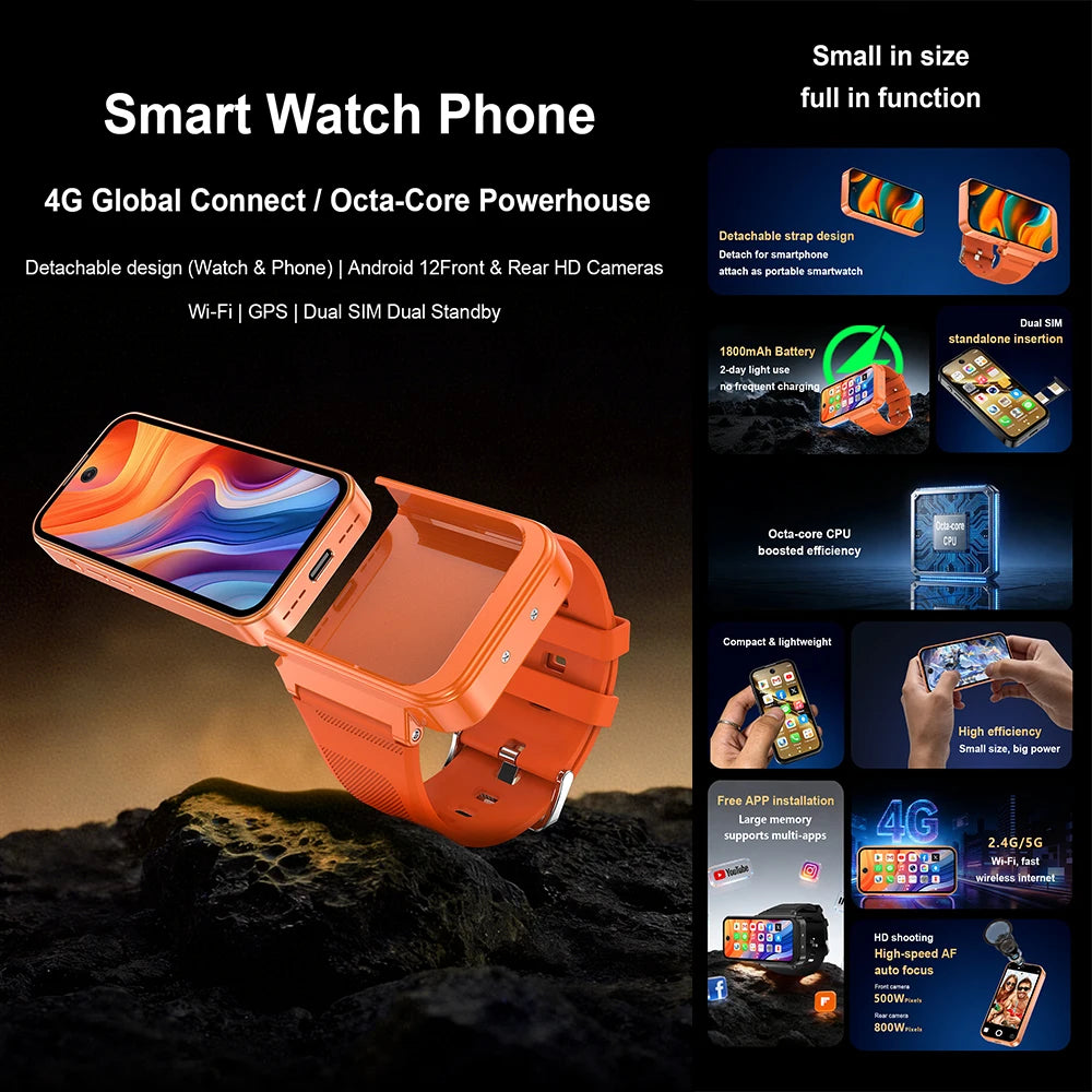 PG999 Max Android 12 4G Smartwatch - 3.97" HD Detachable Screen Phone with Dual SIM, WiFi & GPS