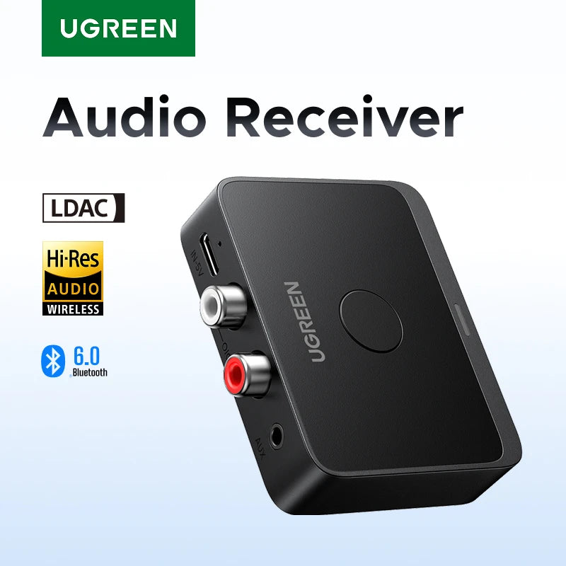 UGREEN AUX Bluetooth Receiver LDAC AAC – Hi-Fi 3.5mm Jack to 2RCA Audio Adapter with Bluetooth 6.0, 15h Playtime for Car Speaker & PC