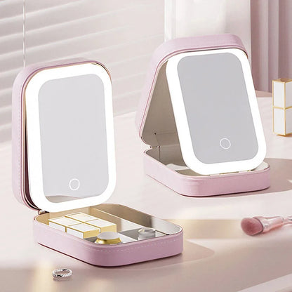 LED Makeup Bag with Mirror – Portable Cosmetic Storage for Women, Small Lipstick & Brush Organizer with Wireless Light