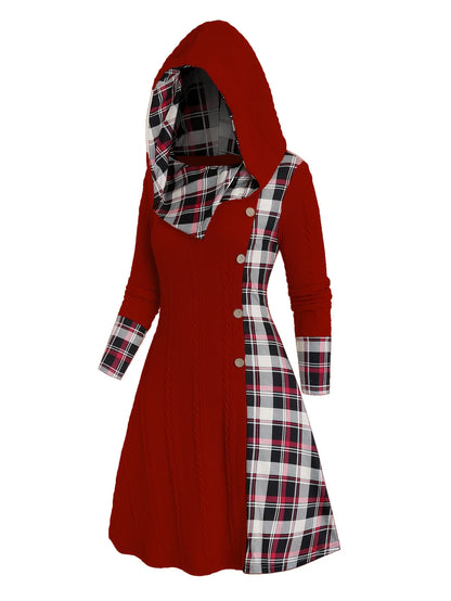 Knitted Hooded Plaid Dress - High Waist A-Line Long Sleeve Dress with Faux Buckle Detail for Women