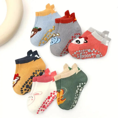 6 Pairs Kids Cotton Socks – Cute Cartoon Animal Pattern, Comfy & Breathable Non-Slip Baby Socks