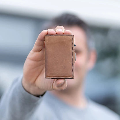 Pop-Up Credit Card Case with RFID Protection – Genuine Leather Wallet for Men & Women, Compartment for Notes and Coins
