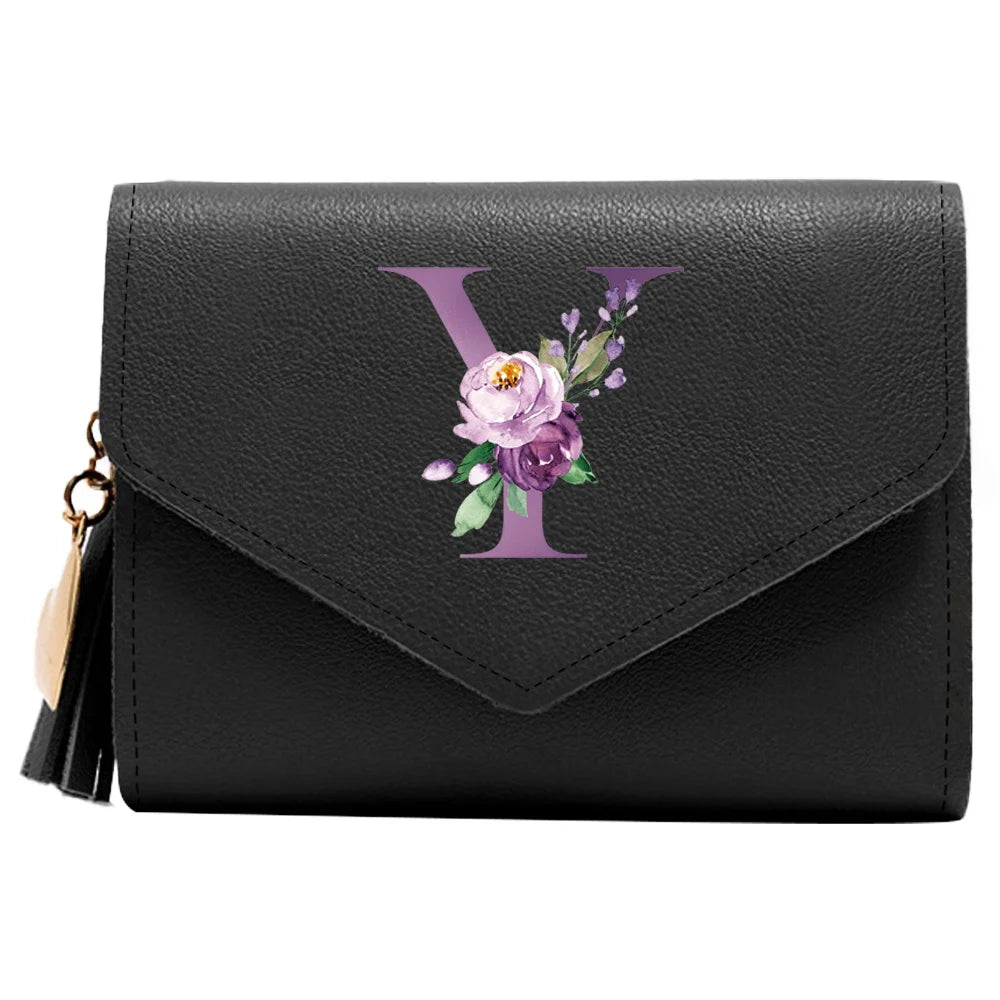 Women's RFID Leather Wallet - Compact Luxury Mini Purse With ID Window, Purple Letter Pattern & Card Holder Design