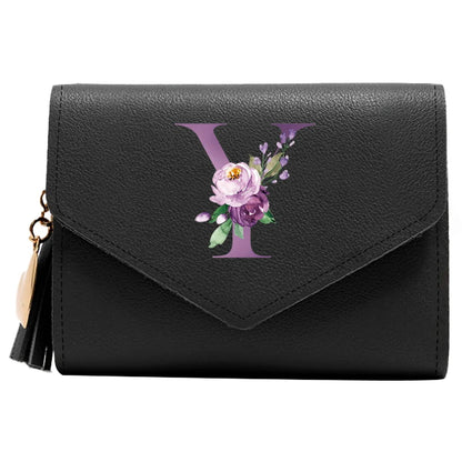 Women's RFID Leather Wallet - Compact Luxury Mini Purse With ID Window, Purple Letter Pattern & Card Holder Design