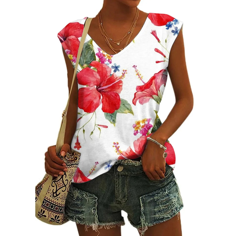 Women’s Floral Print T-Shirt - V Neck Cap Sleeve Loose Fit Summer Beach Top with Breathable Casual Style