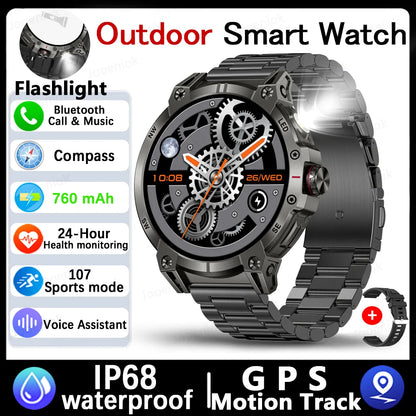 Military Smartwatch for Men – 760mAh Battery, LED Flashlight, Compass, 1.8" HD Screen, Heart Rate, Waterproof, BT Call